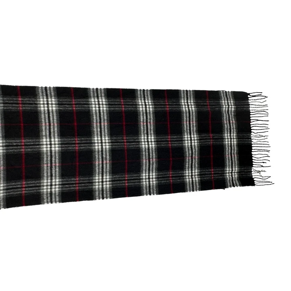V Fraas Plaid Cashmink Scarf Made in Germany Black Red White Fringe Soft Warm